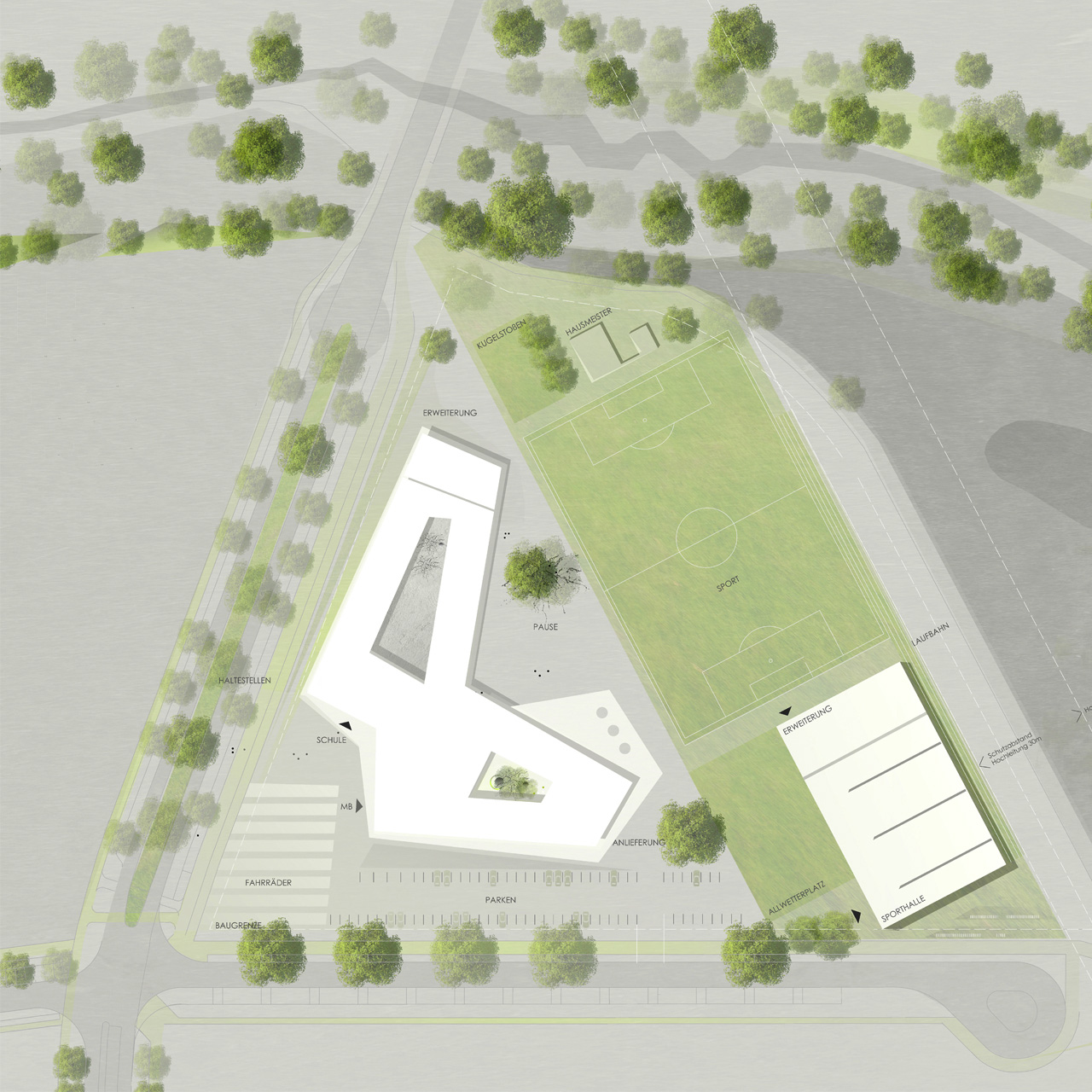 Neubau Staatliche Realschule mit Dreifeldsporthalle Landshut, Lageplan detailliert