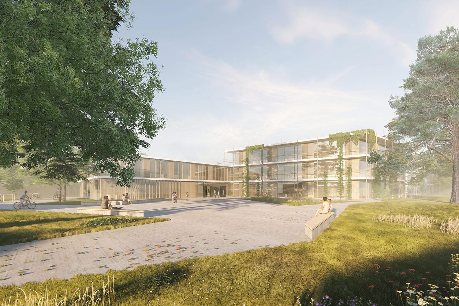 Anerkennung für den Neubau der Mittelschule Nord-Ost Oberhaunstadt, Ingoldstadt, Außenraumperspektive